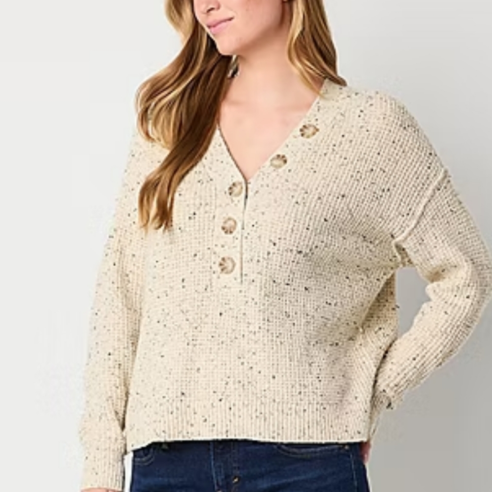 a.n.a Womens Y Neck Long Sleeve Pullover Sweater Size 1X In Oatmeal